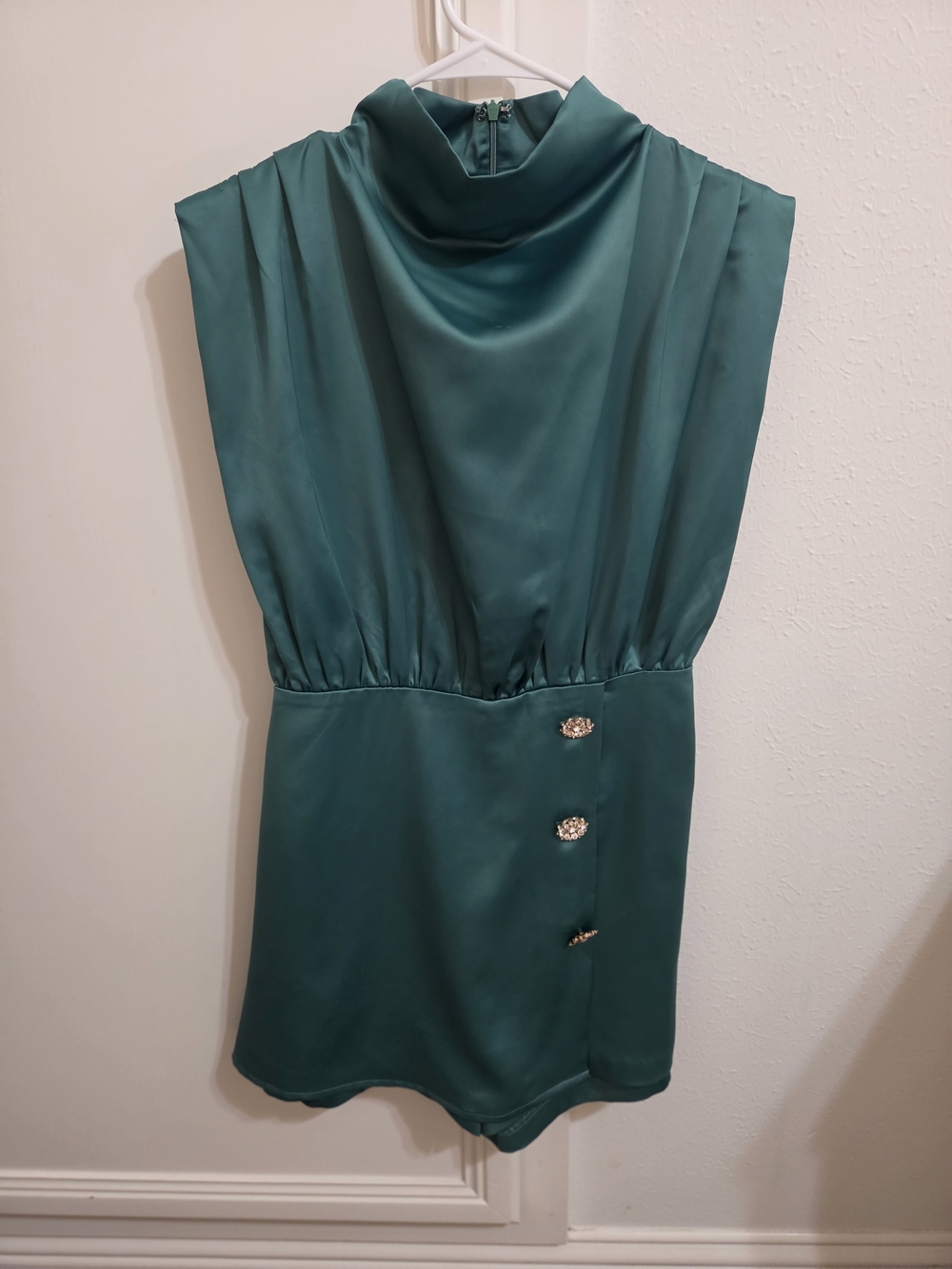 Karlie Satin High-Neck Mini Skort Romper with Decorative Buttons